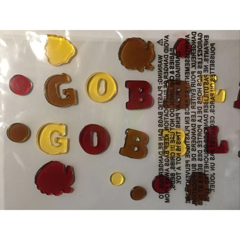 NEW Fall Autumn GOBBLE GOBBLE Turkey Thanksgiving Leaves 26 pc Window Gel Clings